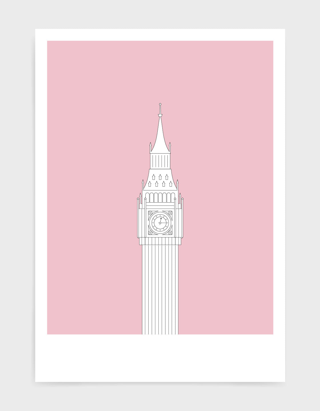 illustration of Big Ben in white against a dusty pink background