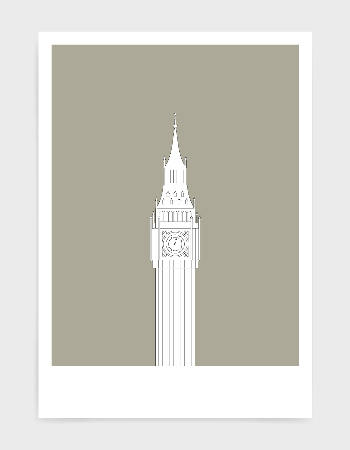 illustration of big ben in white against a warm grey background