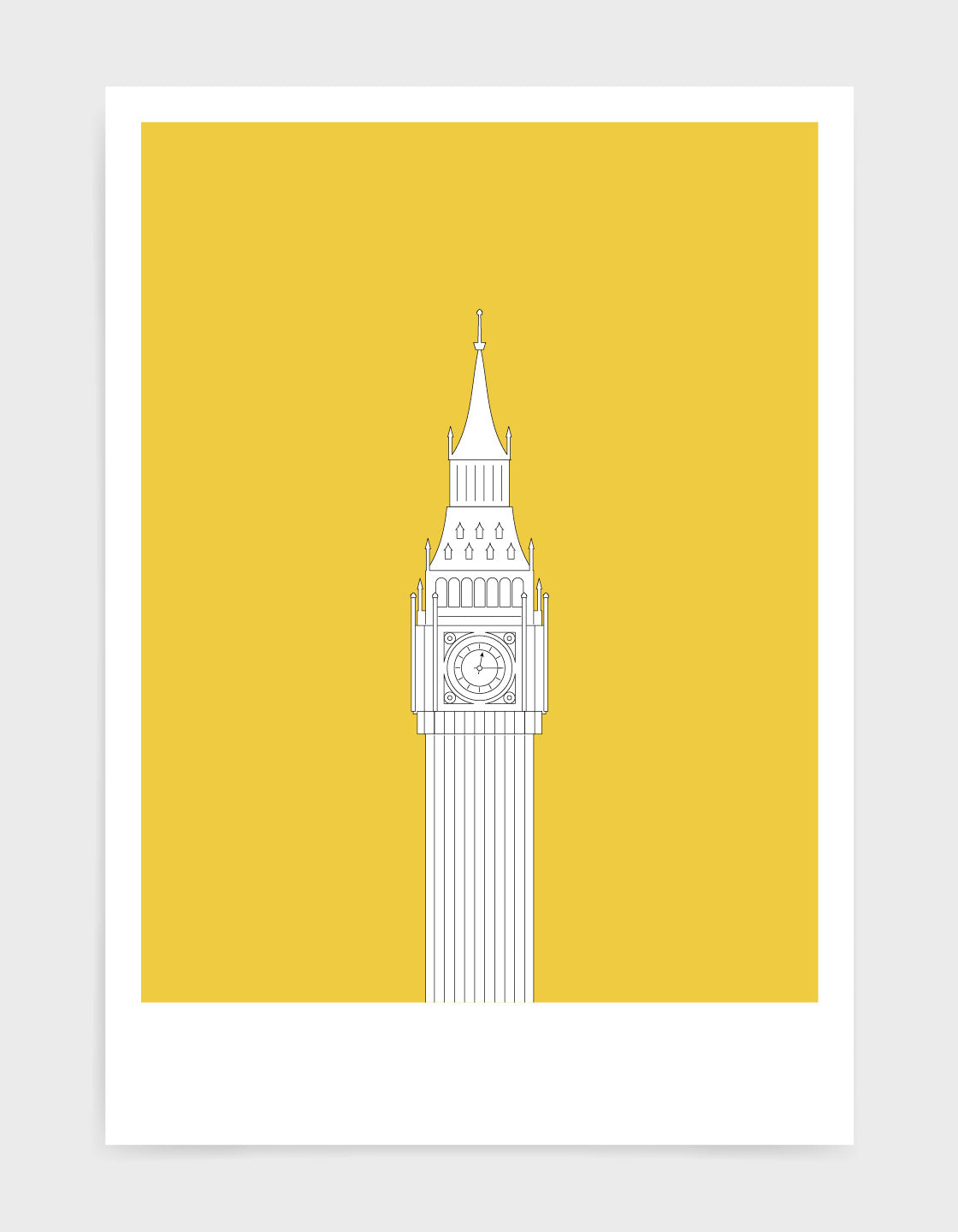 illustration of big ben in white against a bright yellow background