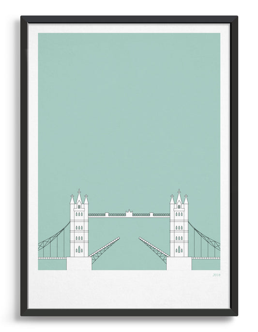 framed illustration of tower bridge in white against a light green background