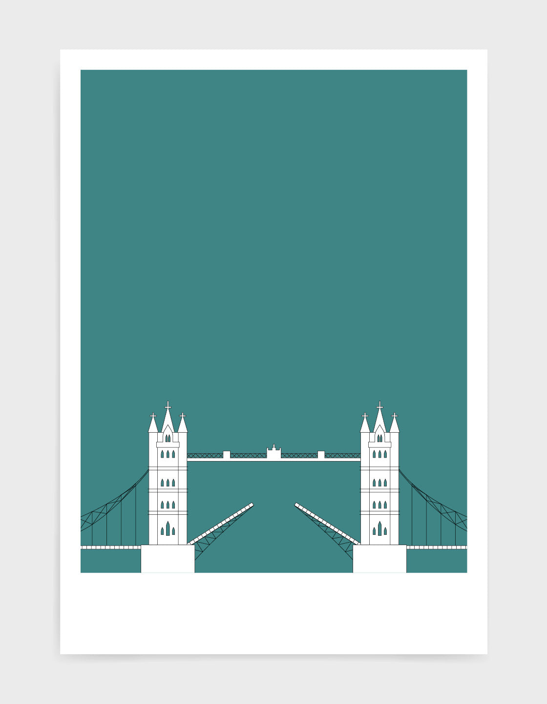 illustration of tower bridge in white against a aqua green background