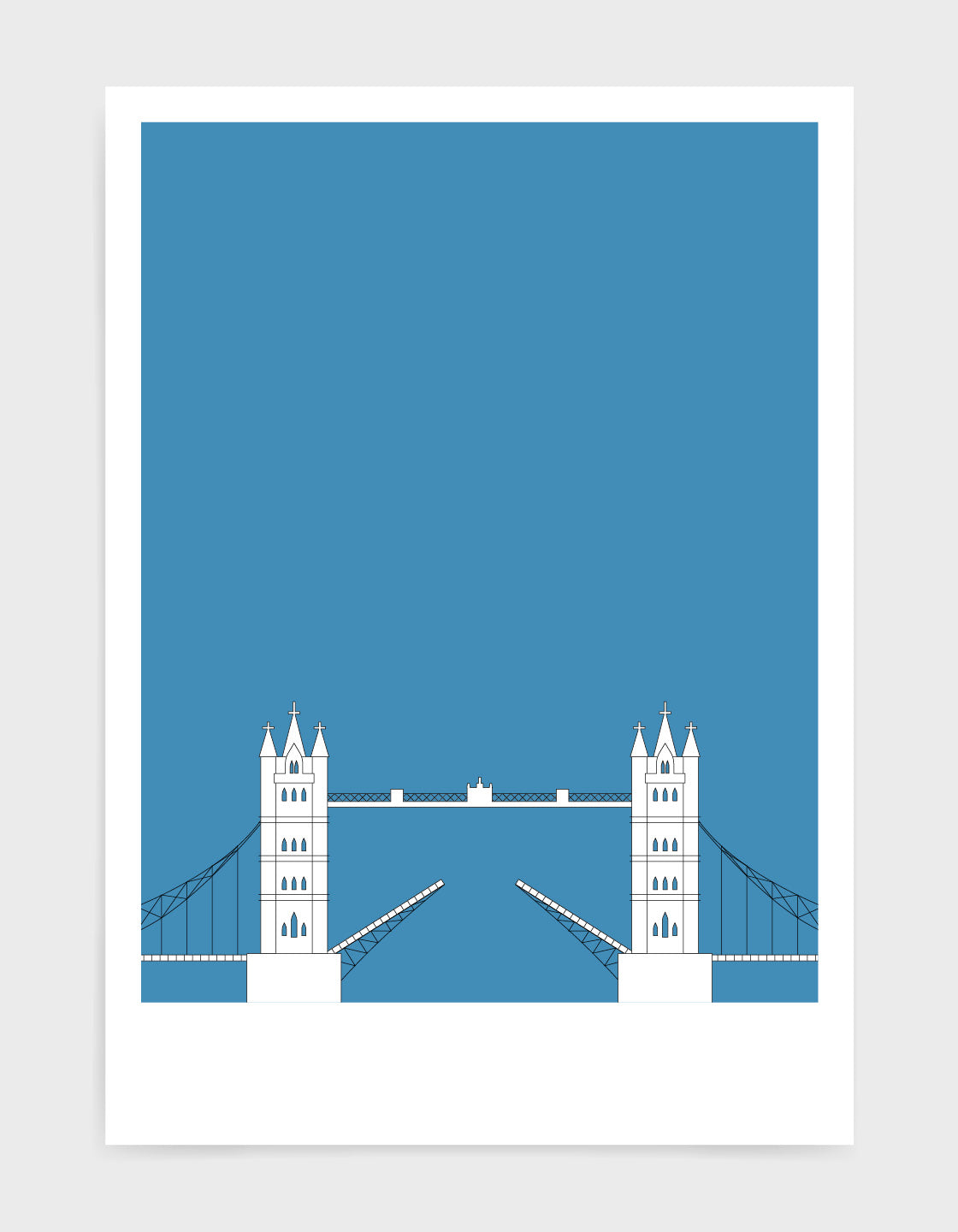 illustration of tower bridge in white against a mid blue background