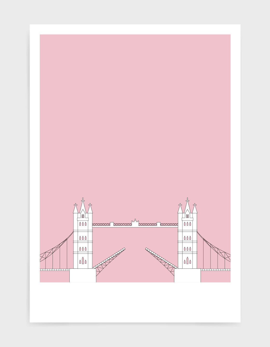 illustration of tower bridge in white against a dusty pink background