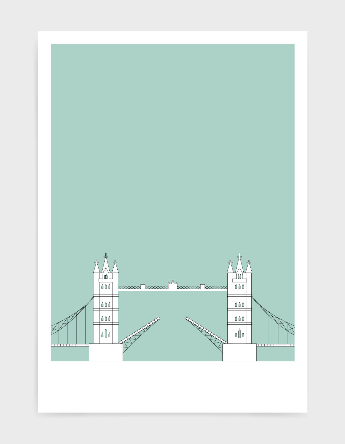 illustration of tower bridge in white against a light green backgrond