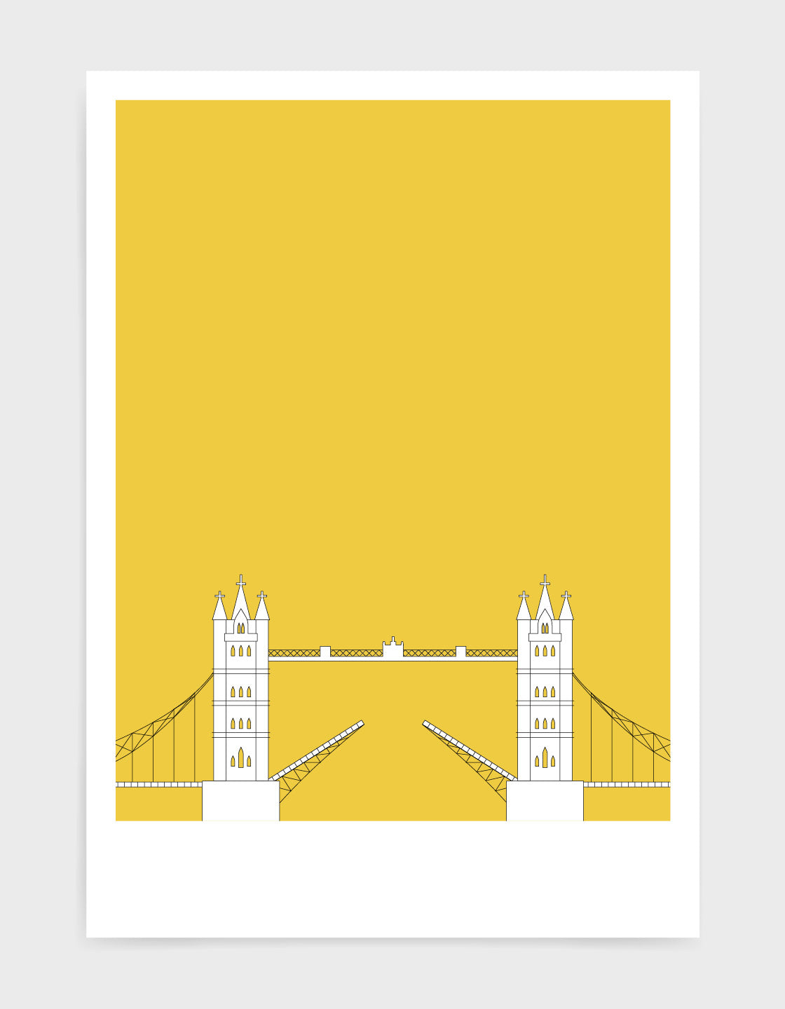illustration of tower bridge in white against  a bright yellow background