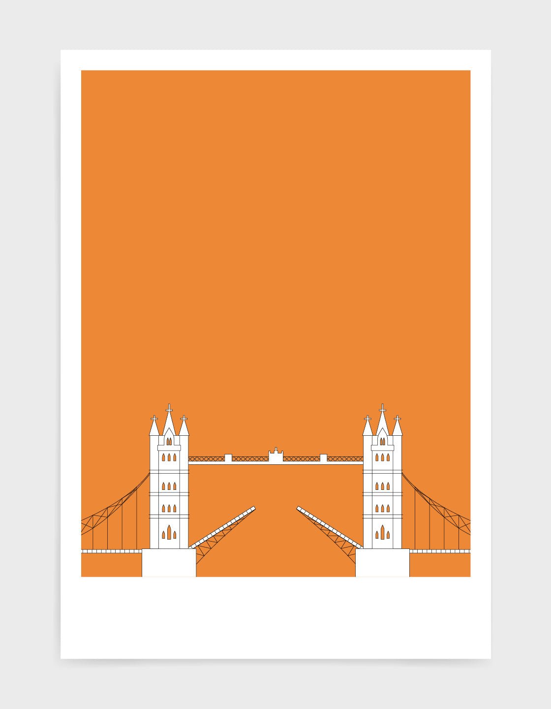 illustration of tower bridge in white against a bright orange background