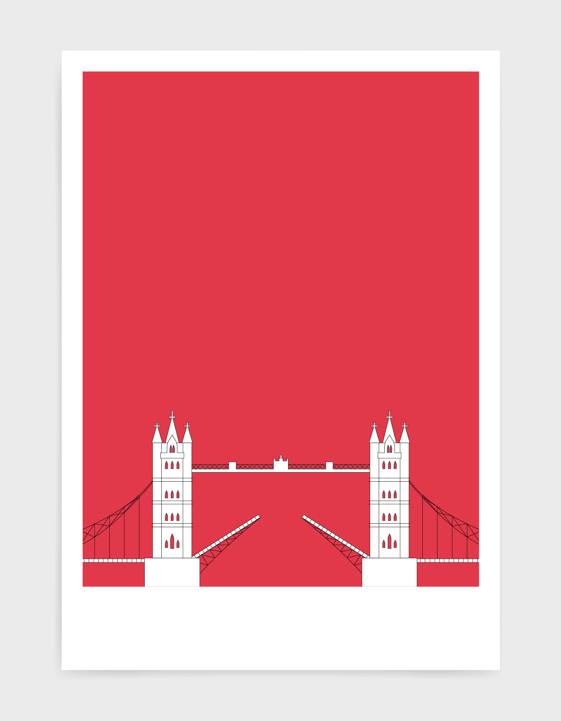 illustration of tower bridge in white against a deep red background