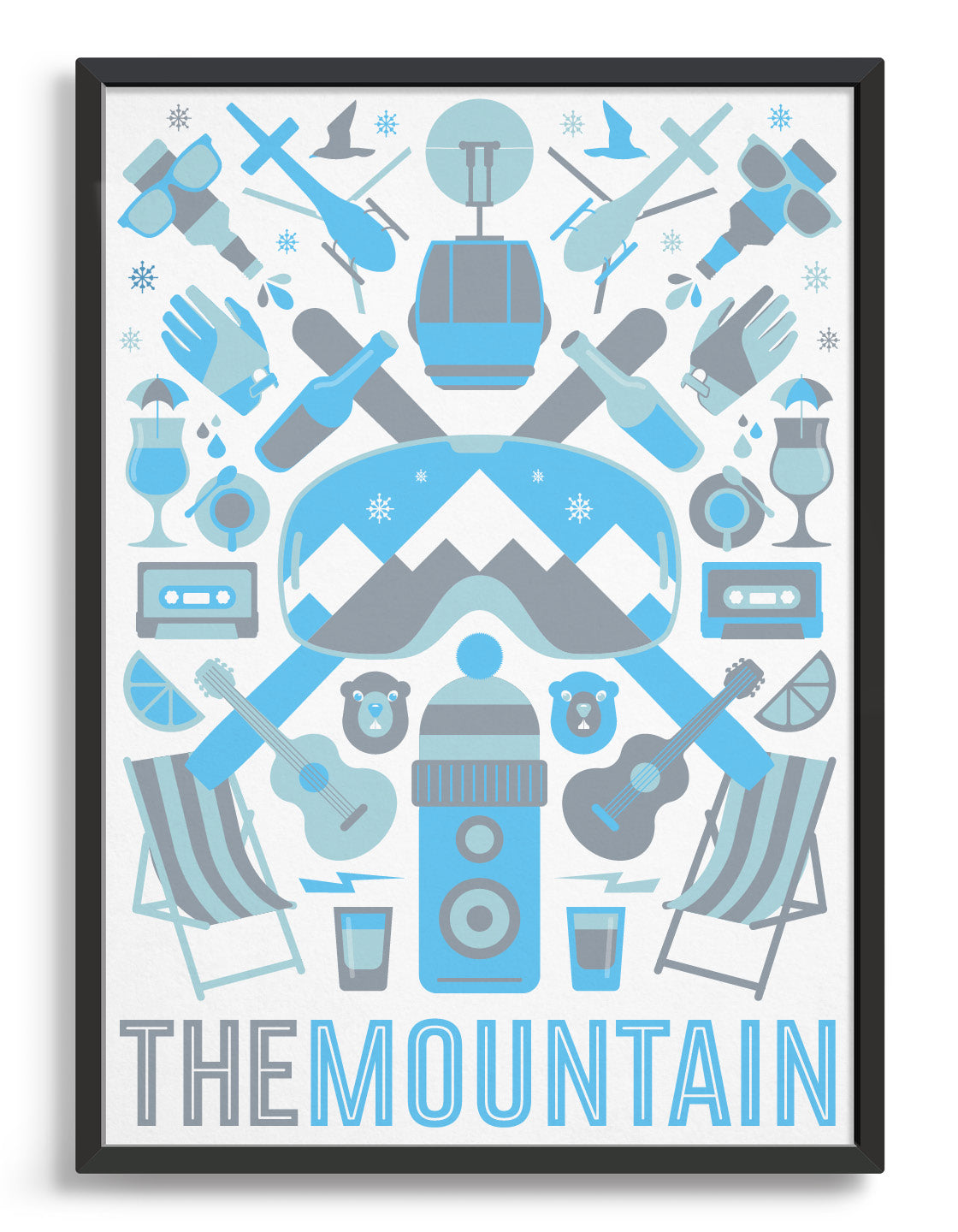 Framed 'The Mountain' art print of ski icons in blue including ski's, goggles, deckchairs 