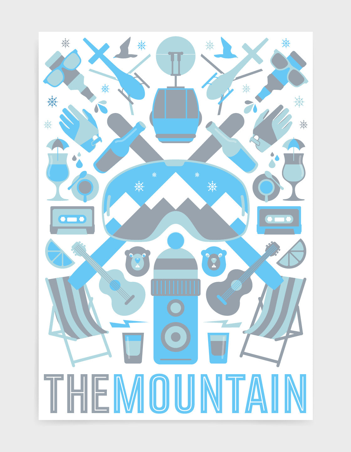 'The Mountain' art print of ski icons in blue including ski's, goggles, deckchairs 