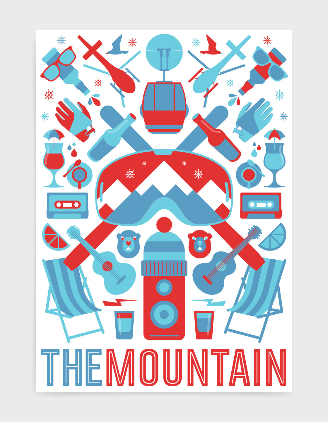 'The Mountain' art print of ski icons in blue and red including ski's, goggles, deckchairs 
