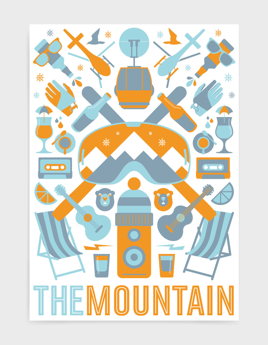 'The Mountain' art print of ski icons in orange including ski's, goggles, deckchairs 