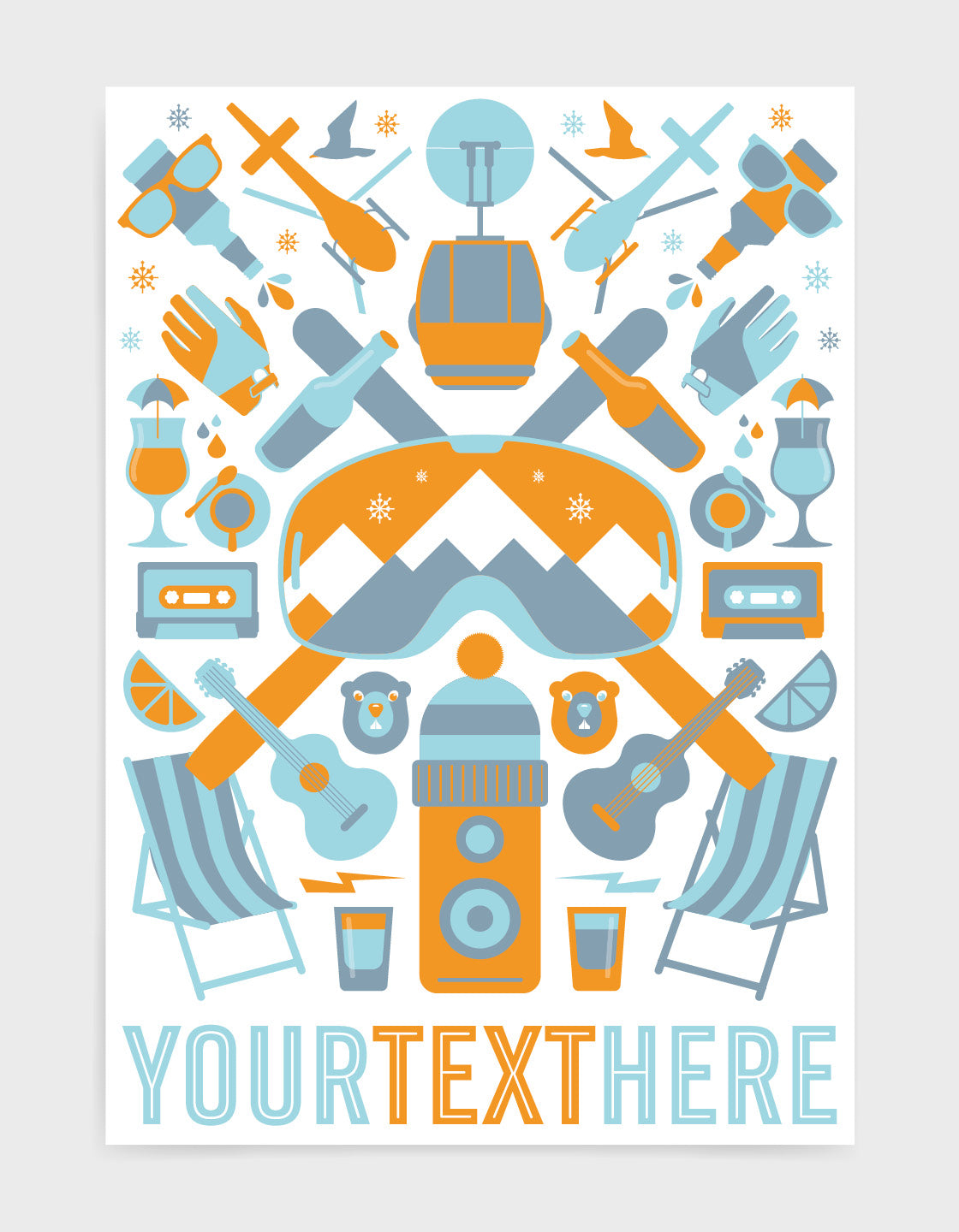 Personalised 'The Mountain' print with orange ski icons including ski's and goggles
