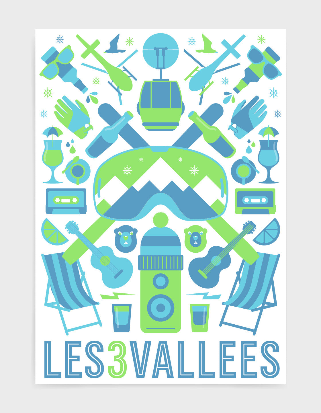 'The Mountain' art print of ski icons in green including ski's, goggles, deckchairs 