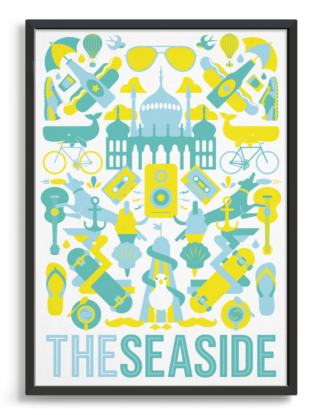 framed 'The Seaside' souvenir art print of Brighton iconography including the Royal Pavilion 