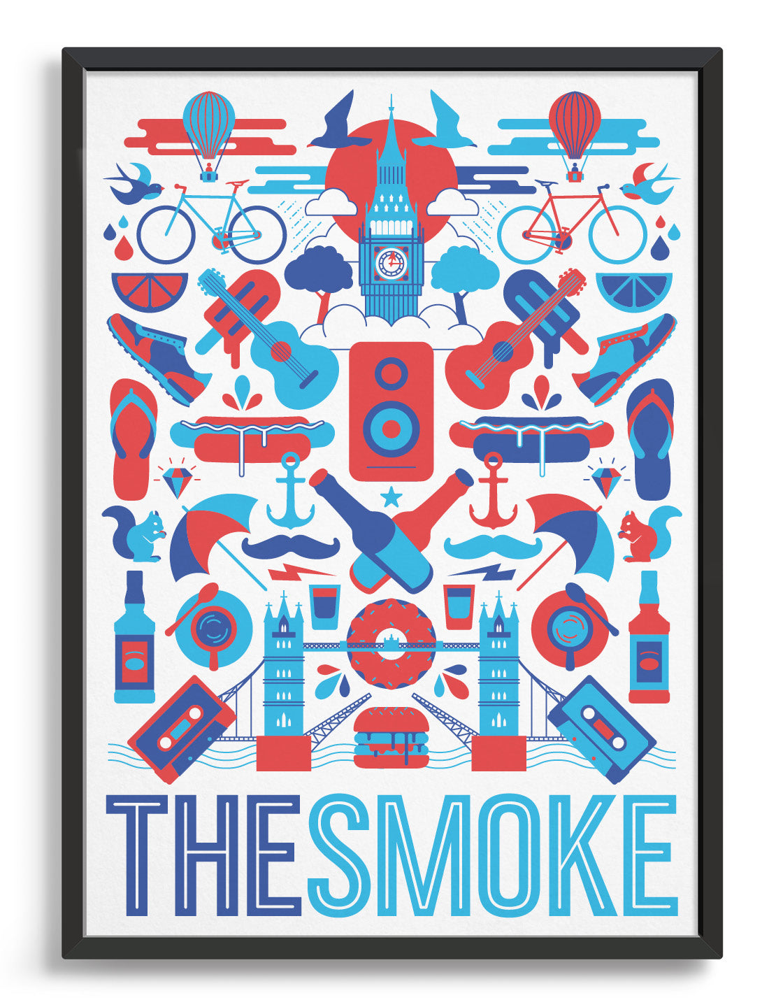 framed 'The Smoke' souvenir art print of London iconography including Big Ben and Tower Bridge