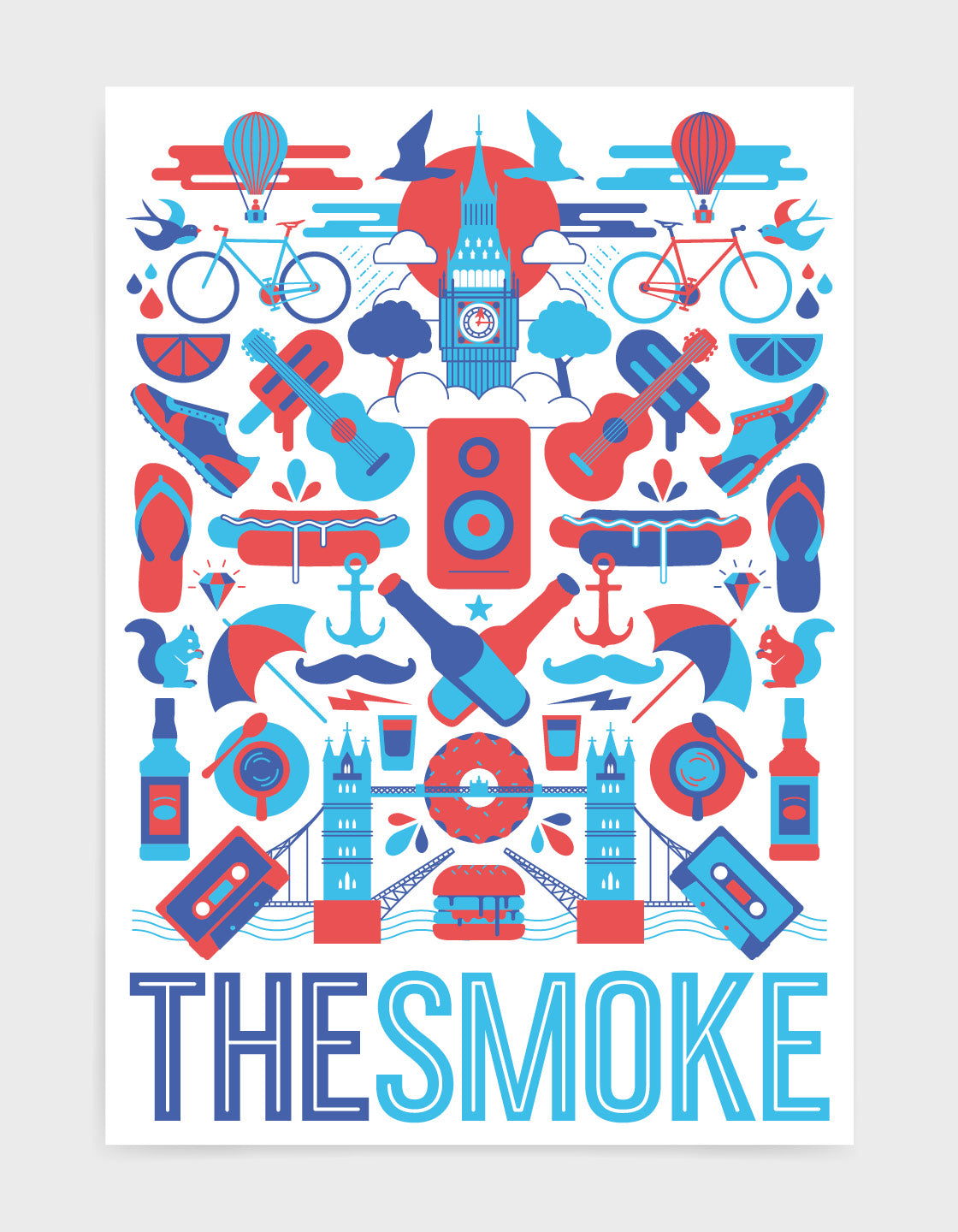 'The Smoke' souvenir art print of London iconography including Big Ben and Tower Bridge