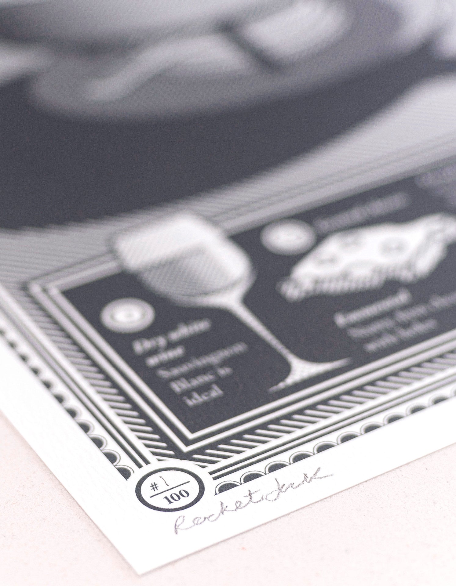 close up showing the paper stock of the limited edition Infographic art print depicting a diagram of the swiss fondue in monotone dark grey ink