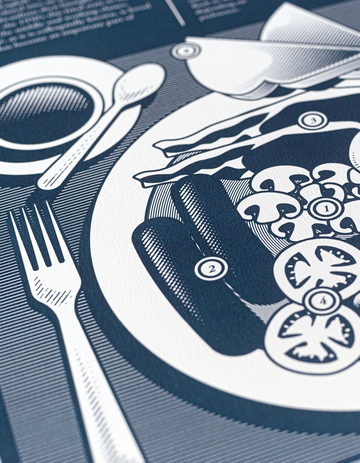 close up limited edition Infographic art print depicting a diagram of the full english breakfast in monotone blue ink