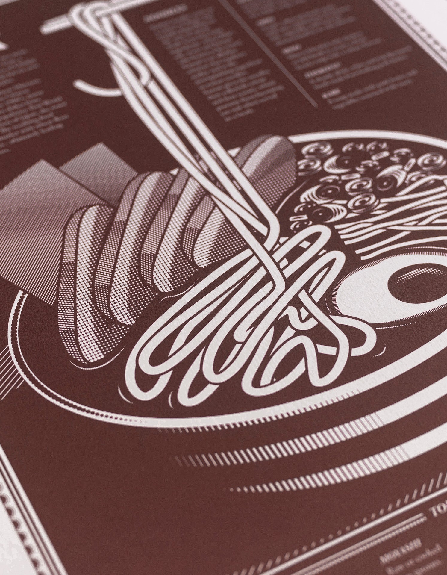 close up of limited edition Infographic art print depicting a diagram of the japanese ramen in monotone dark red ink