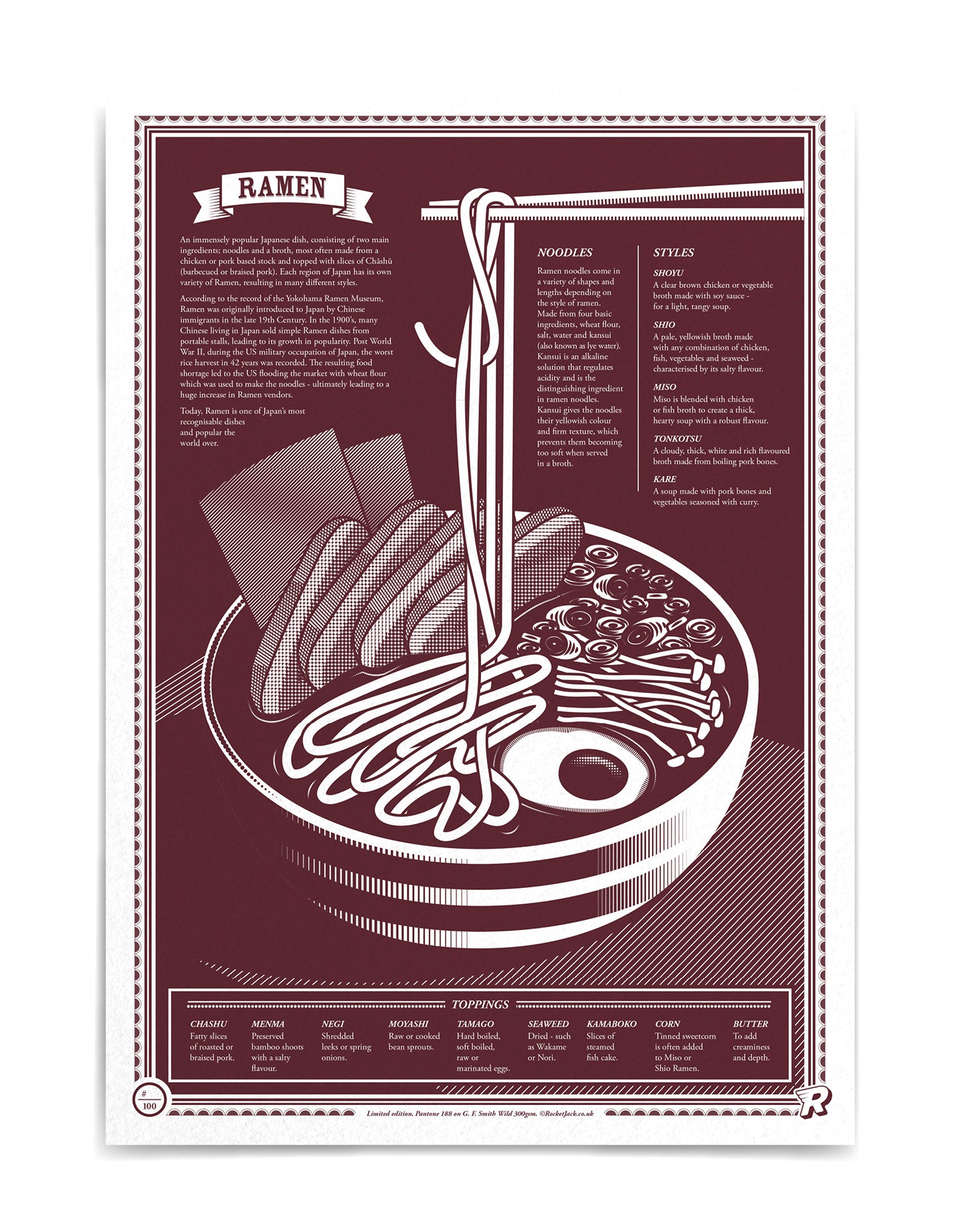 limited edition Infographic art print depicting a diagram of the japanese ramen in monotone dark red ink