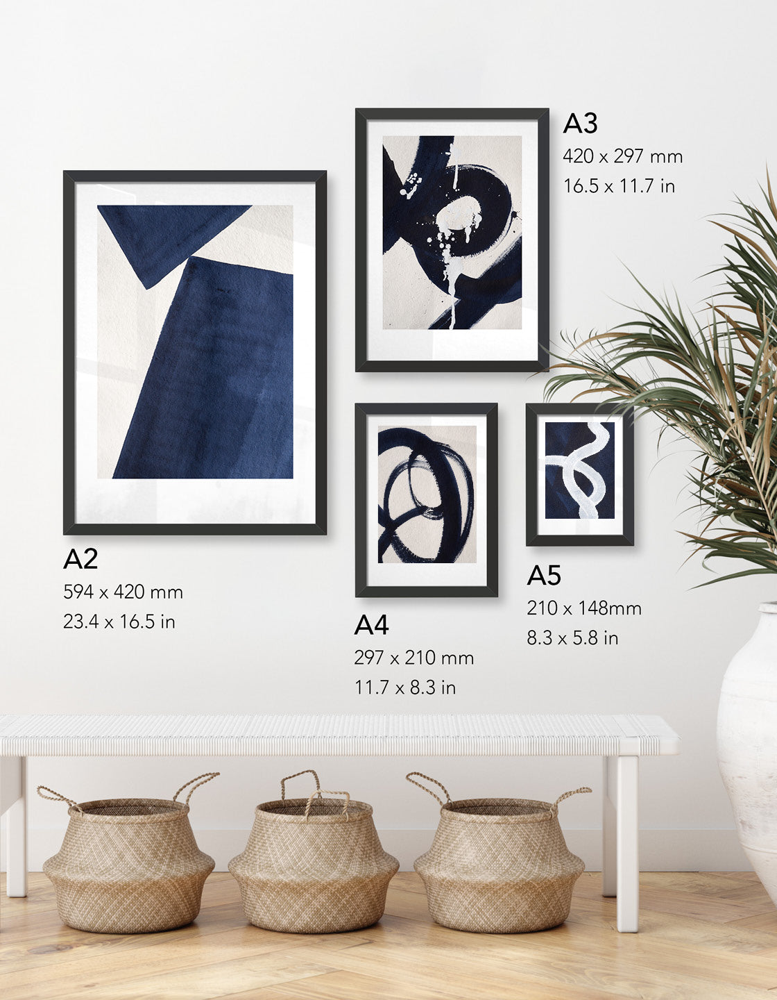 image depicting four different size prints available in the Japandi collection; A5, A4, A3 and A2
