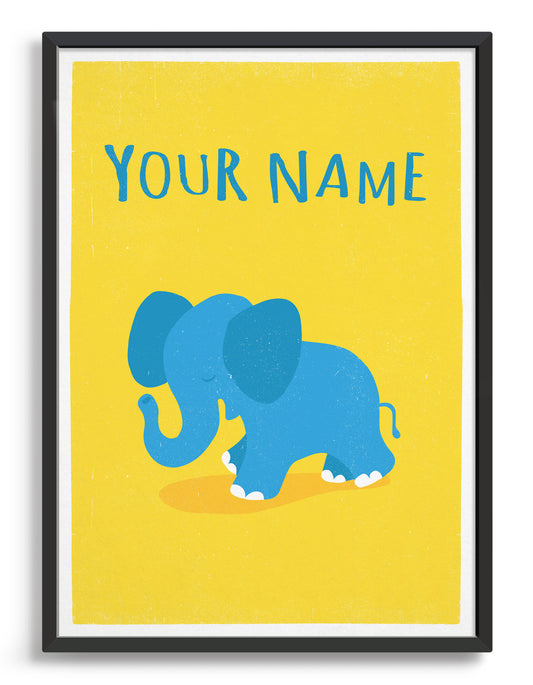 kids cute blue elephant illustrated art print on yellow background