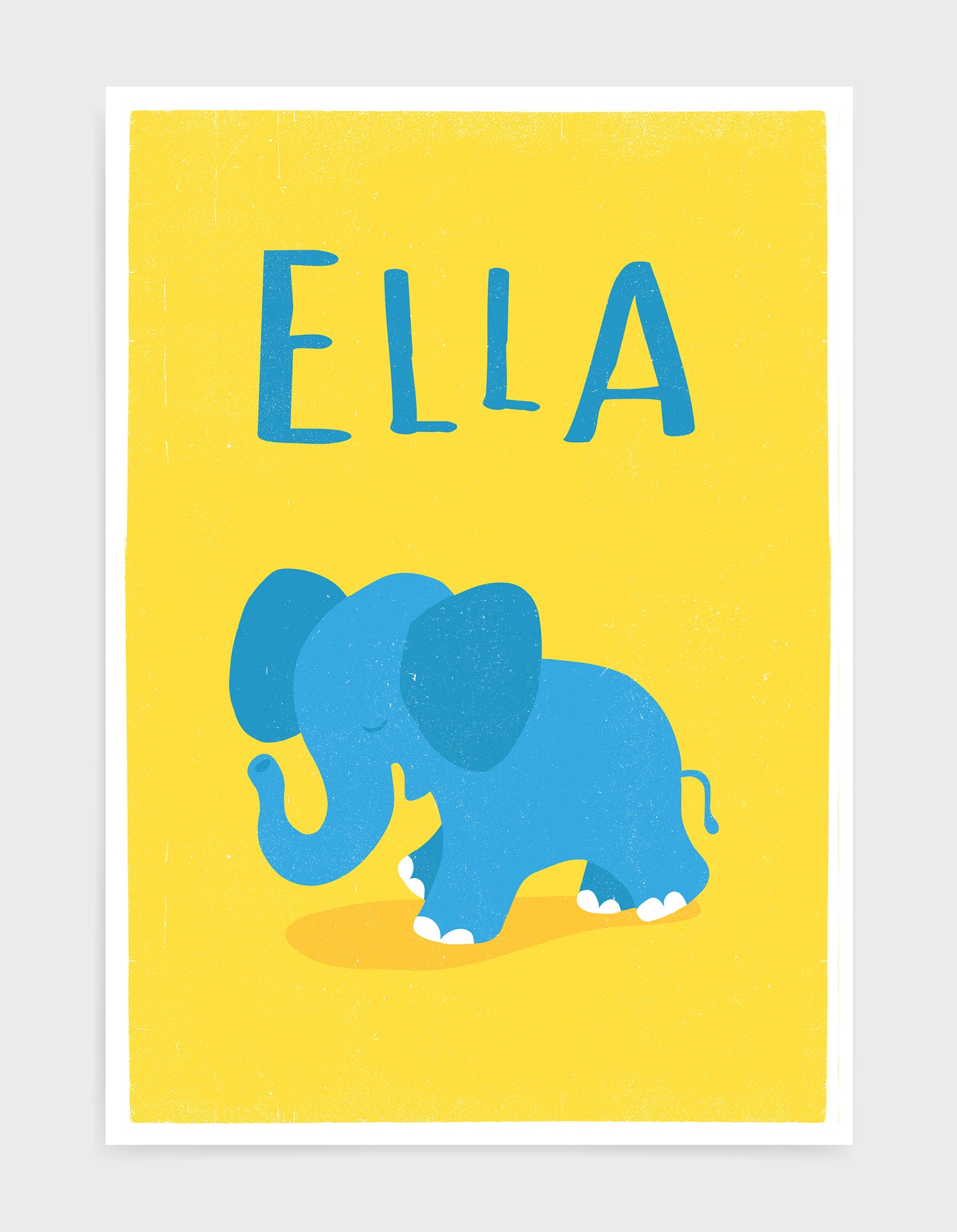 kids cute blue elephant illustrated art print on yellow background