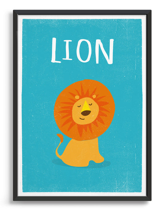 framed art print of a cute lion on a bright blue background with the word lion above
