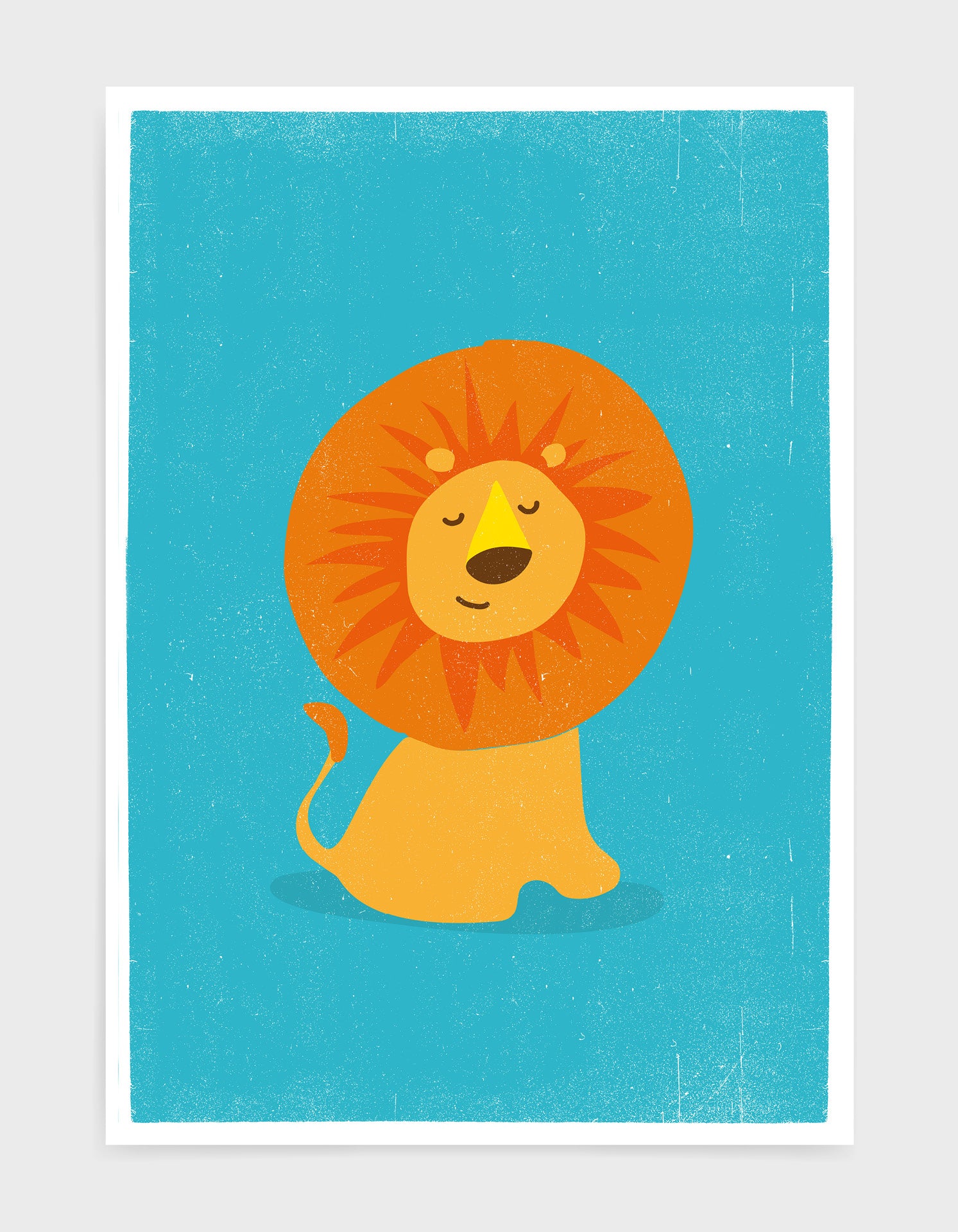 art print of a cute lion on a bright blue background 