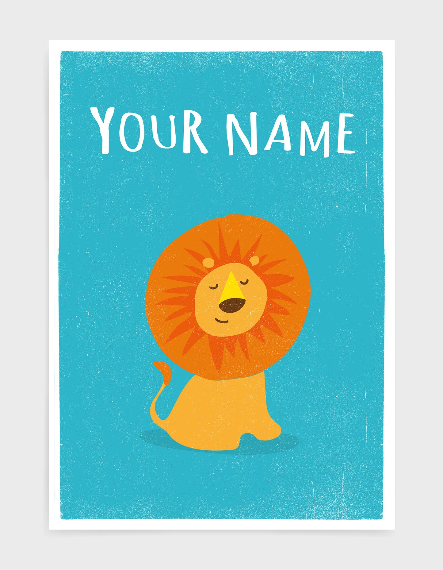 framed art print of a cute lion on a bright blue background with the words 'your name' above as the item is personalisable