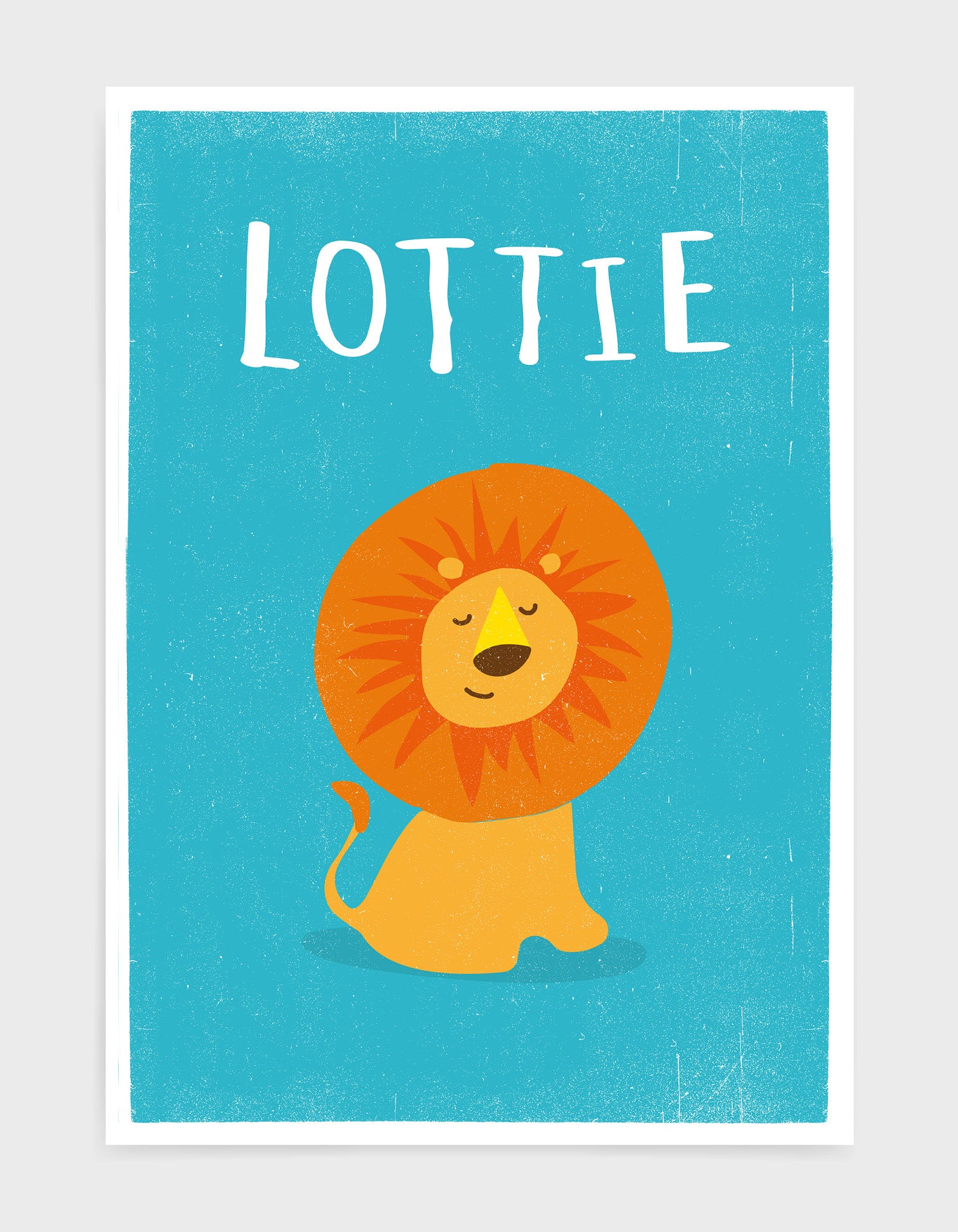 kids cute lion print on a bright blue background with child name Personalised above
