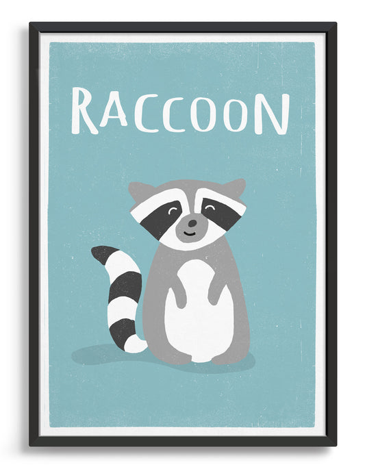 framed art print of a cute racoon on a light blue background with the word racoon above