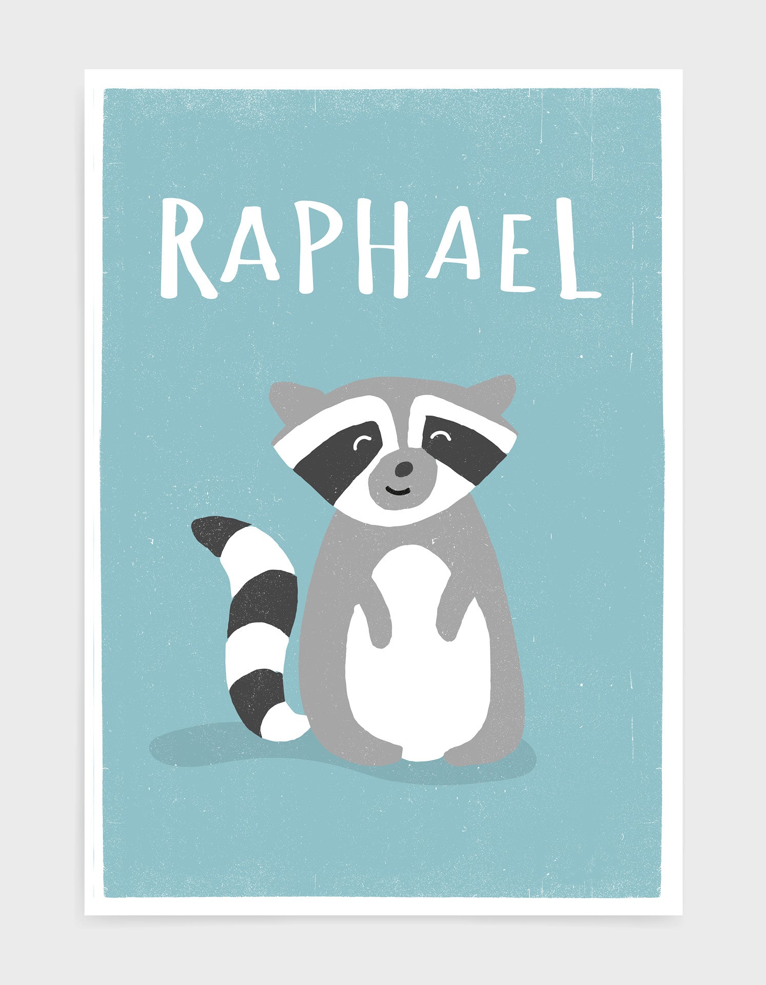 art print of a cute racoon on a light blue background with Personalised name above