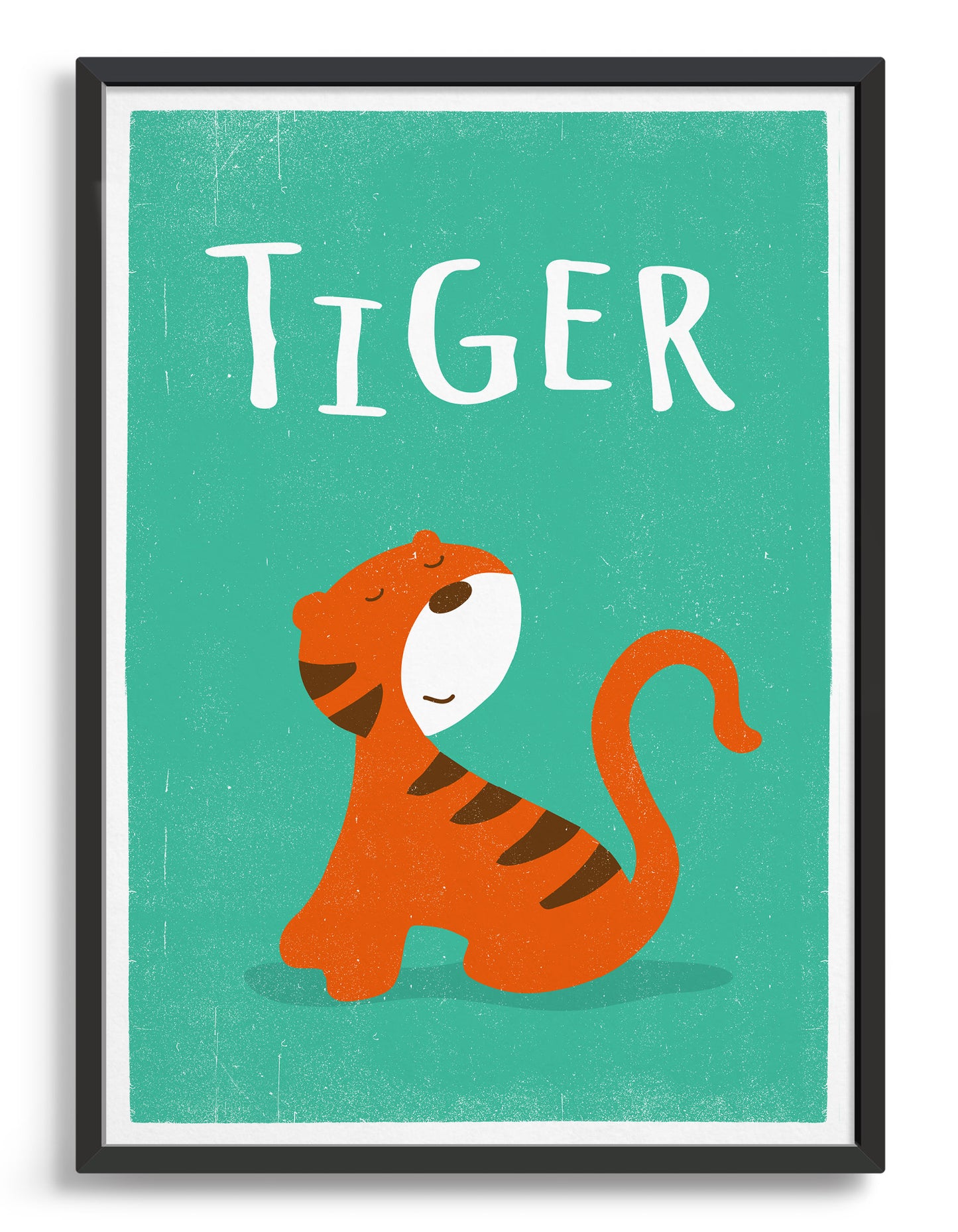 Framed image of kids cute tiger print on green background with words Tiger above