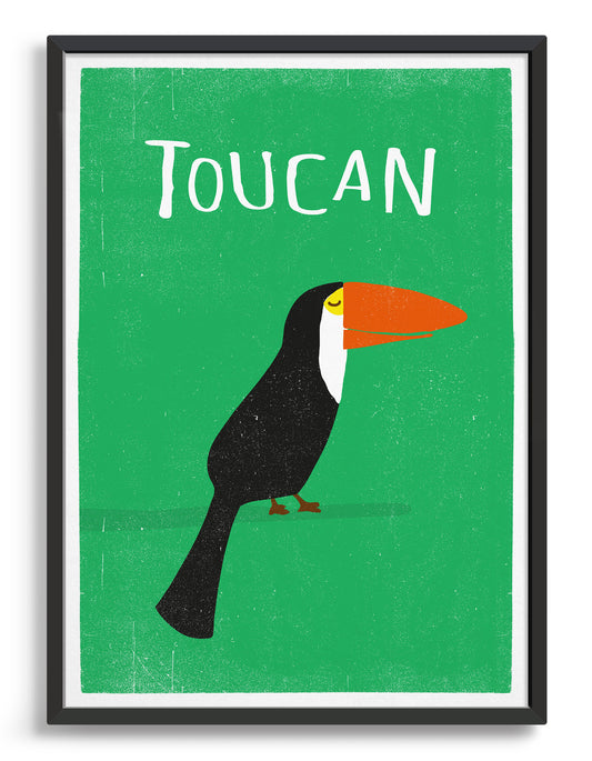Framed art print of a toucan bird in profile against a green background