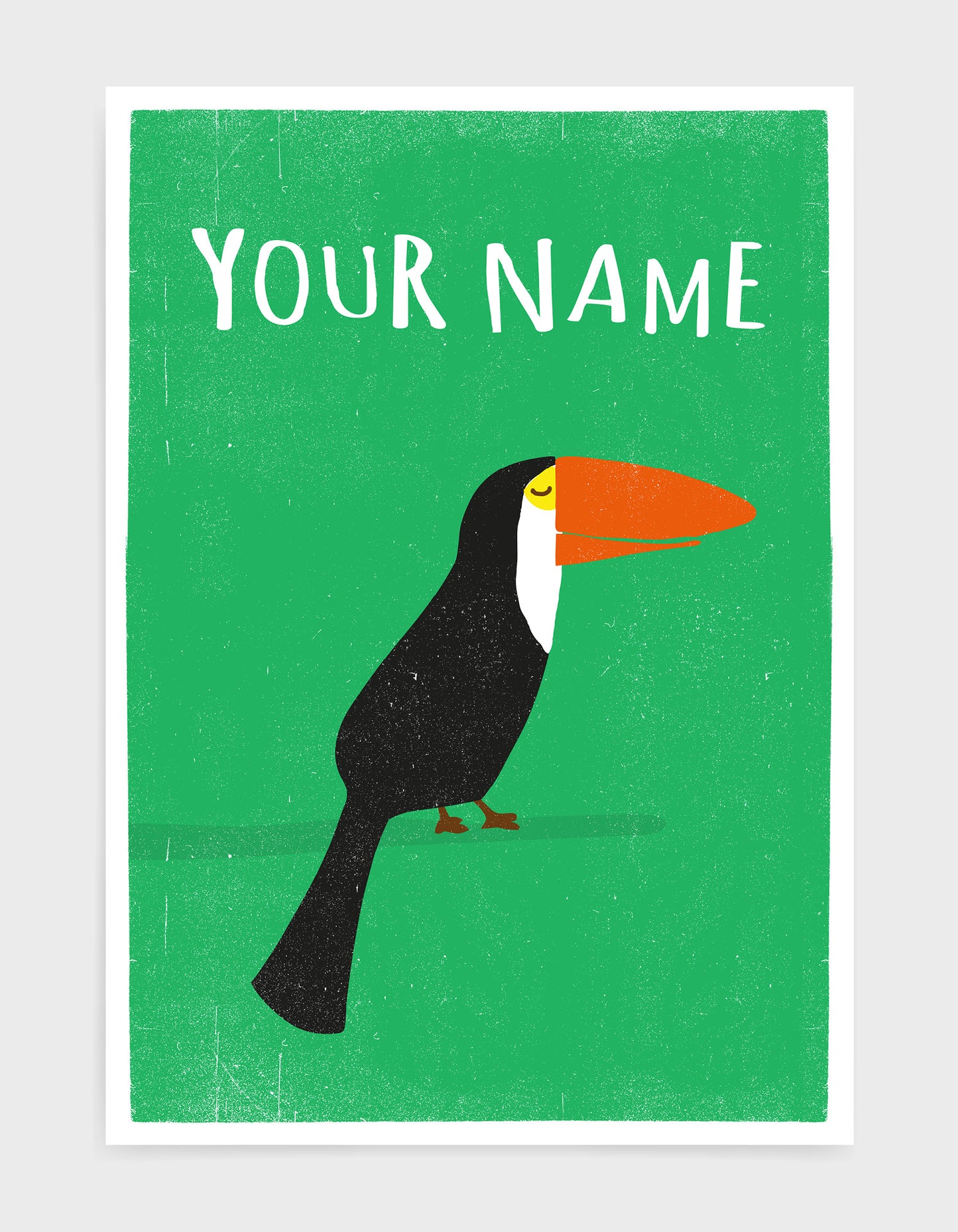 art print of a toucan bird in profile against a green background