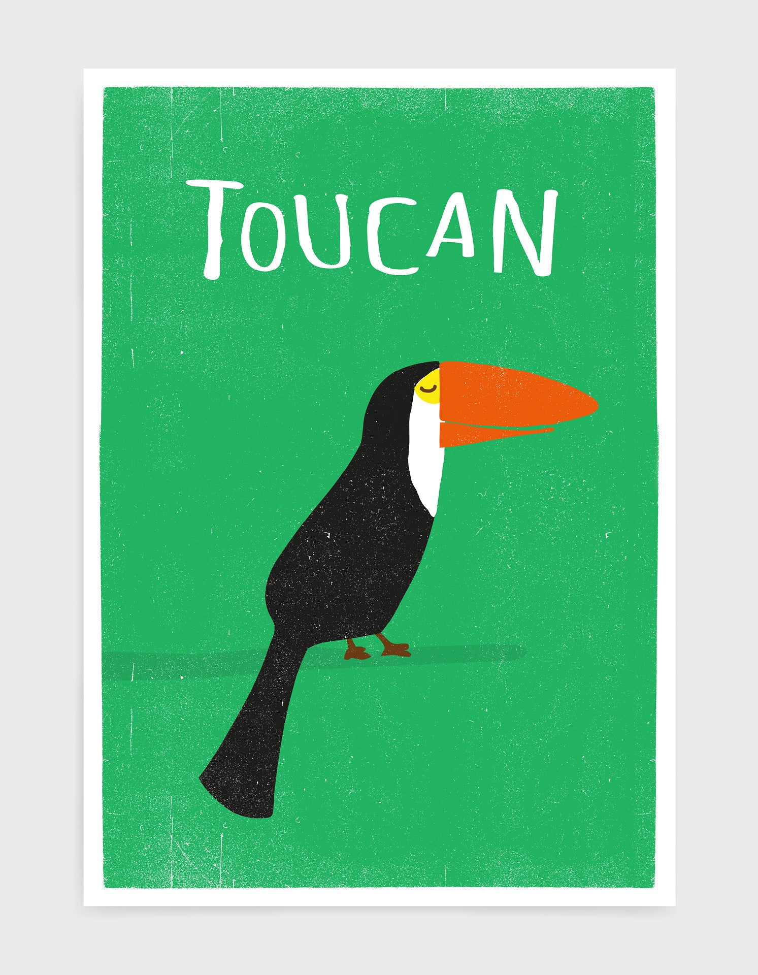 art print of a toucan bird in profile against a green background