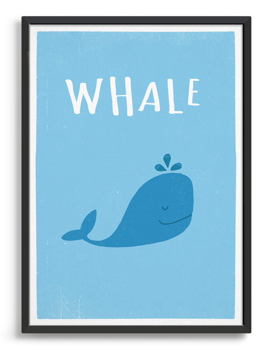 kids cute blue whale illustrated art print with light blue background and whale text