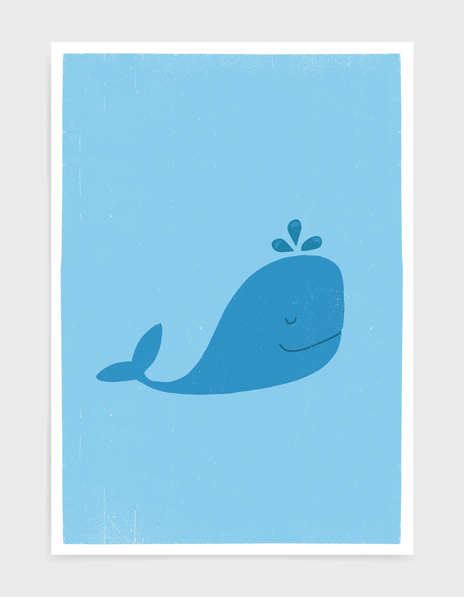 kids cute blue whale illustrated art print with light blue background 