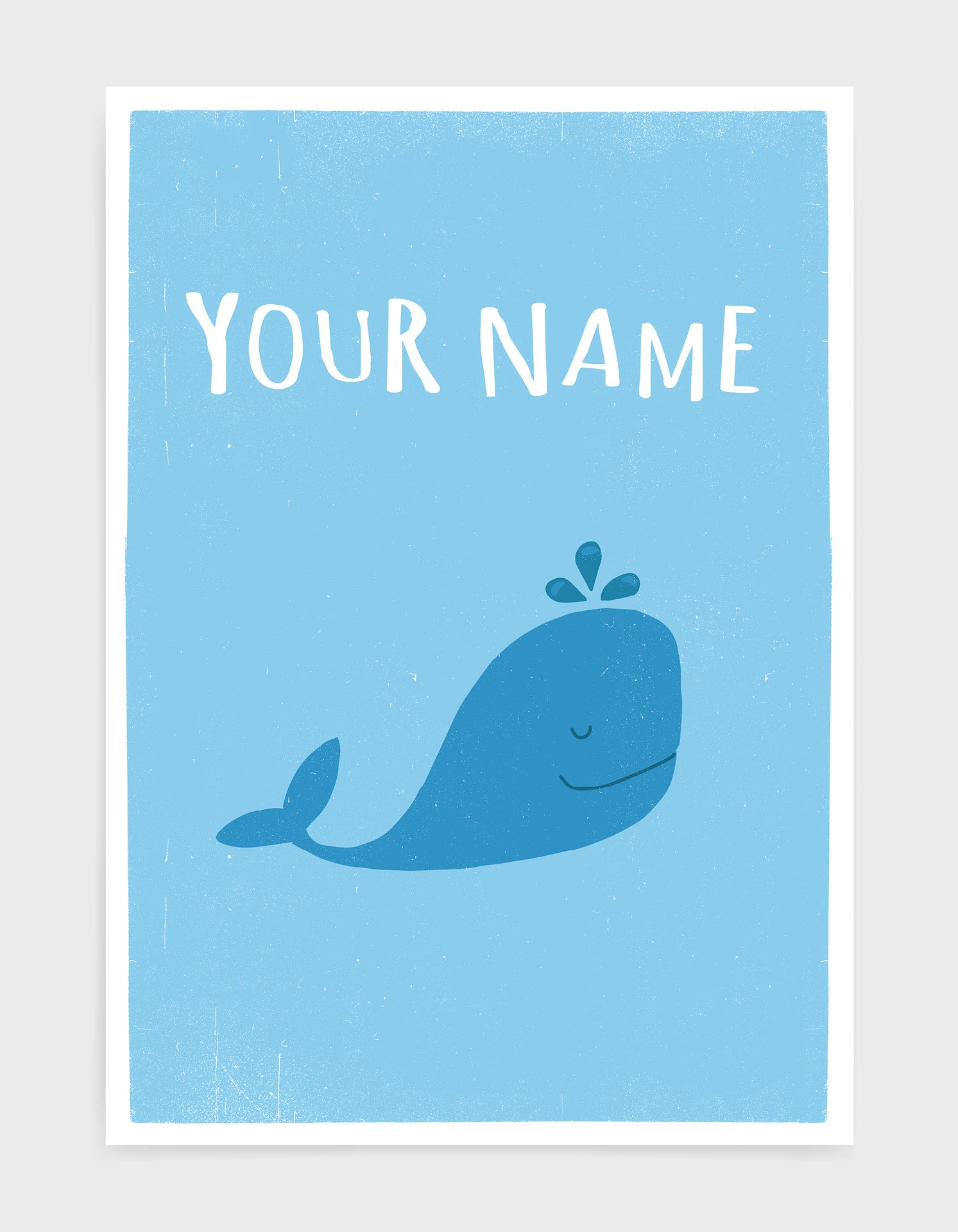 kids cute blue whale illustrated art print with light blue background and custom text