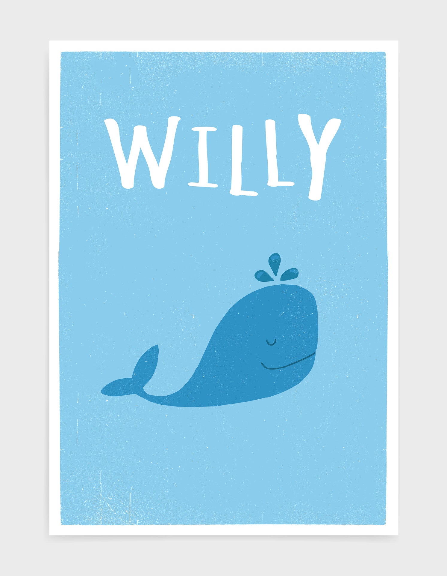 kids cute blue whale illustrated art print with light blue background and customtext