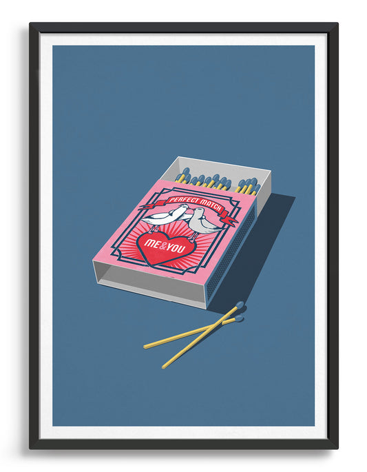 pink open matchbox against a blue background with two matches outside the box. Top of the box shows two doves and the title perfect match. A red heart sits beneath the birds and features Personalised text