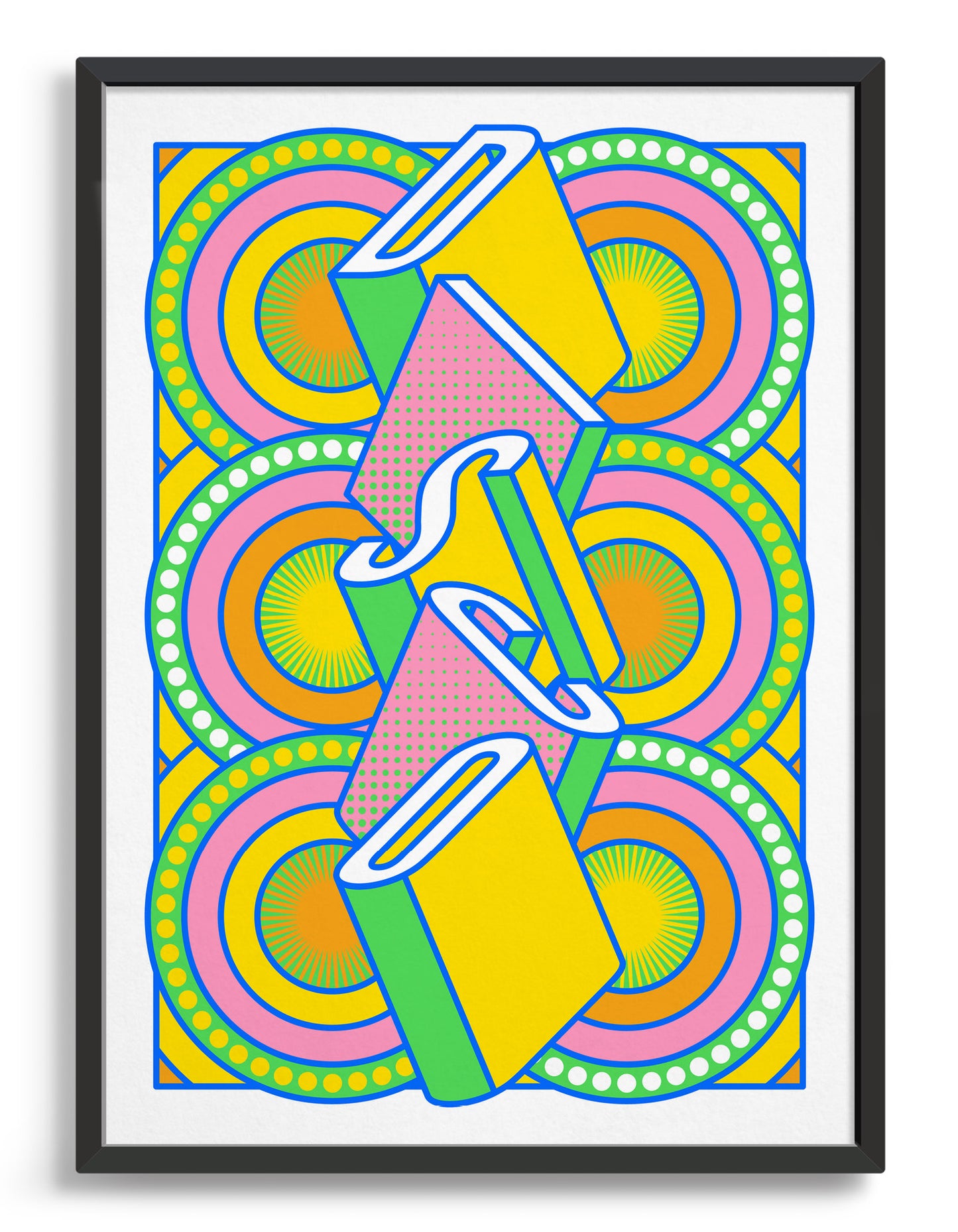 disco music art print featuring a geometric abstract pattern in bold shapes and vibrant colours. Block typography depicts the word disco in tumbling text