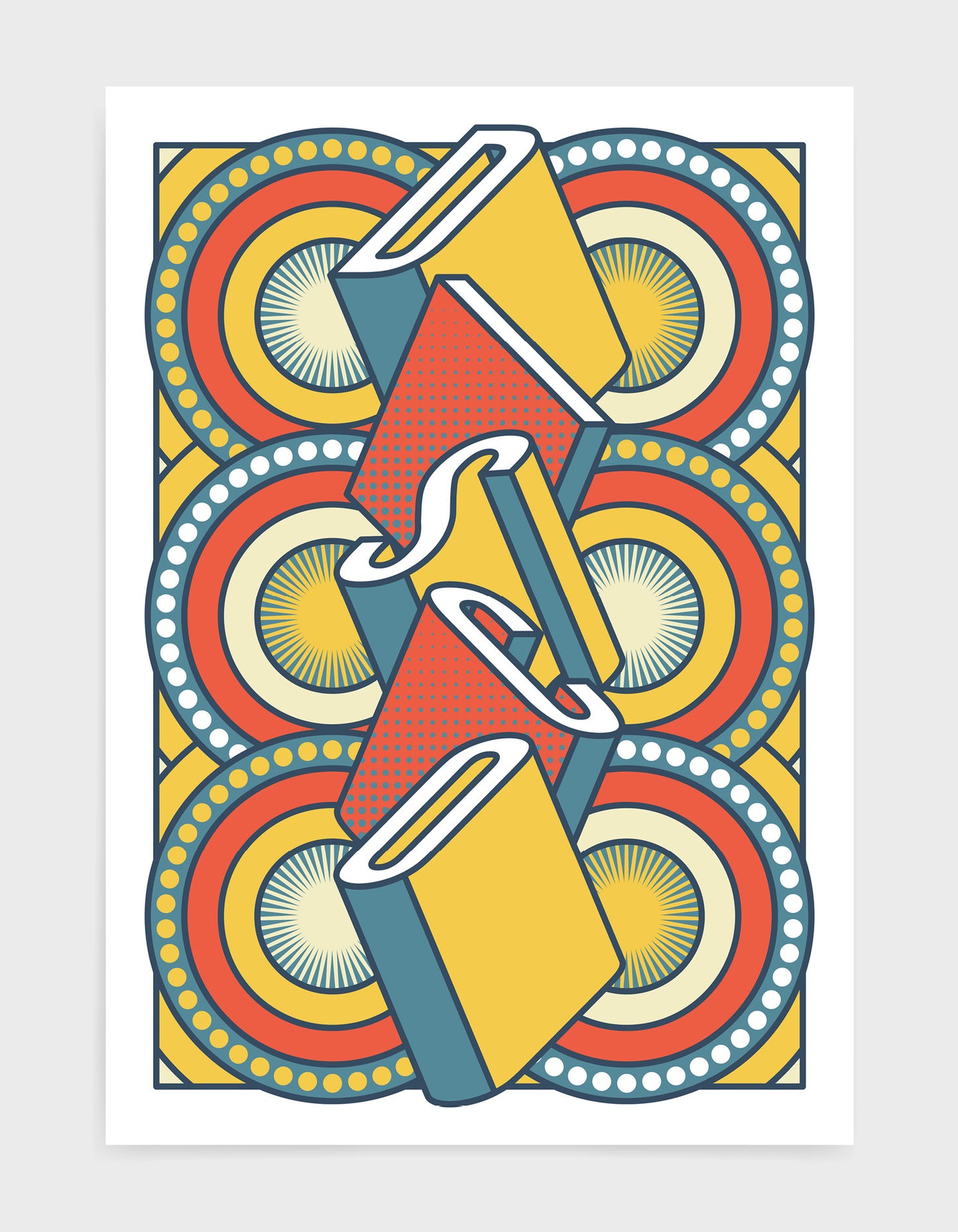 disco music art print featuring a geometric abstract pattern in bold shapes and orange and blue colours. Block typography depicts the word disco in tumbling text