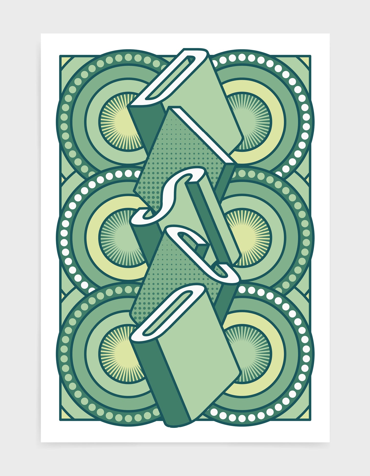 disco music art print featuring a geometric abstract pattern in bold shapes and green colours. Block typography depicts the word disco in tumbling text