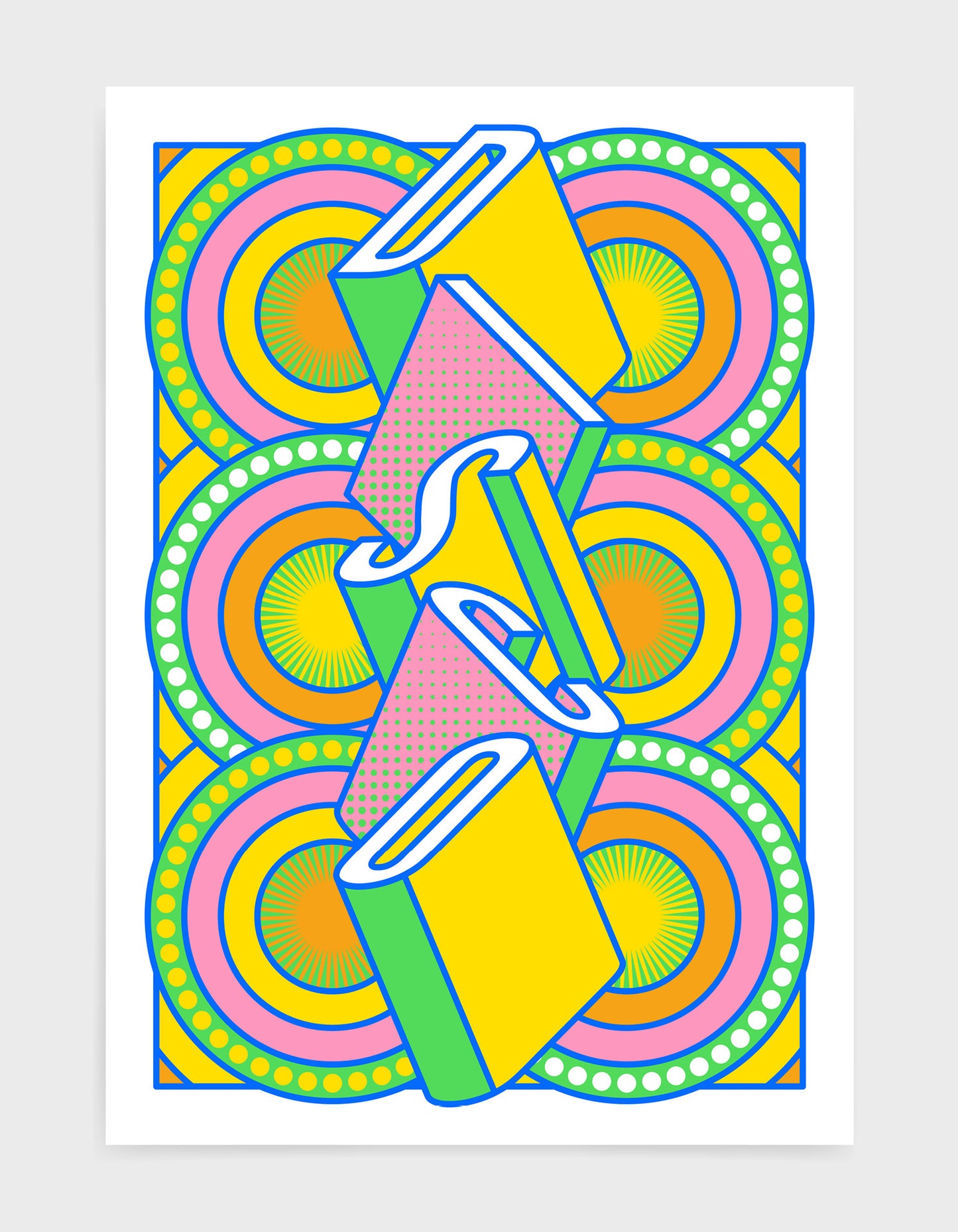 disco music art print featuring a geometric abstract pattern in bold shapes and vibrant rainbow colours. Block typography depicts the word disco in tumbling text