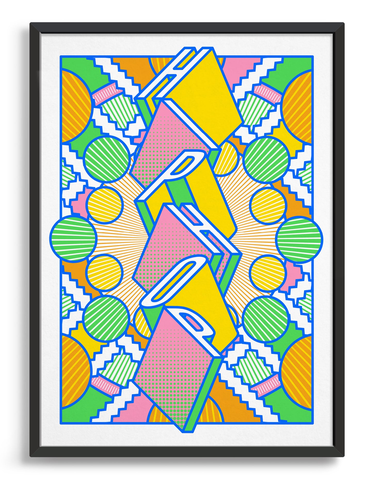 Hiphop music art print featuring a geometric abstract pattern in bold shapes and vibrant rainbow colours. Block typography depicts the word Hiphop in tumbling text
