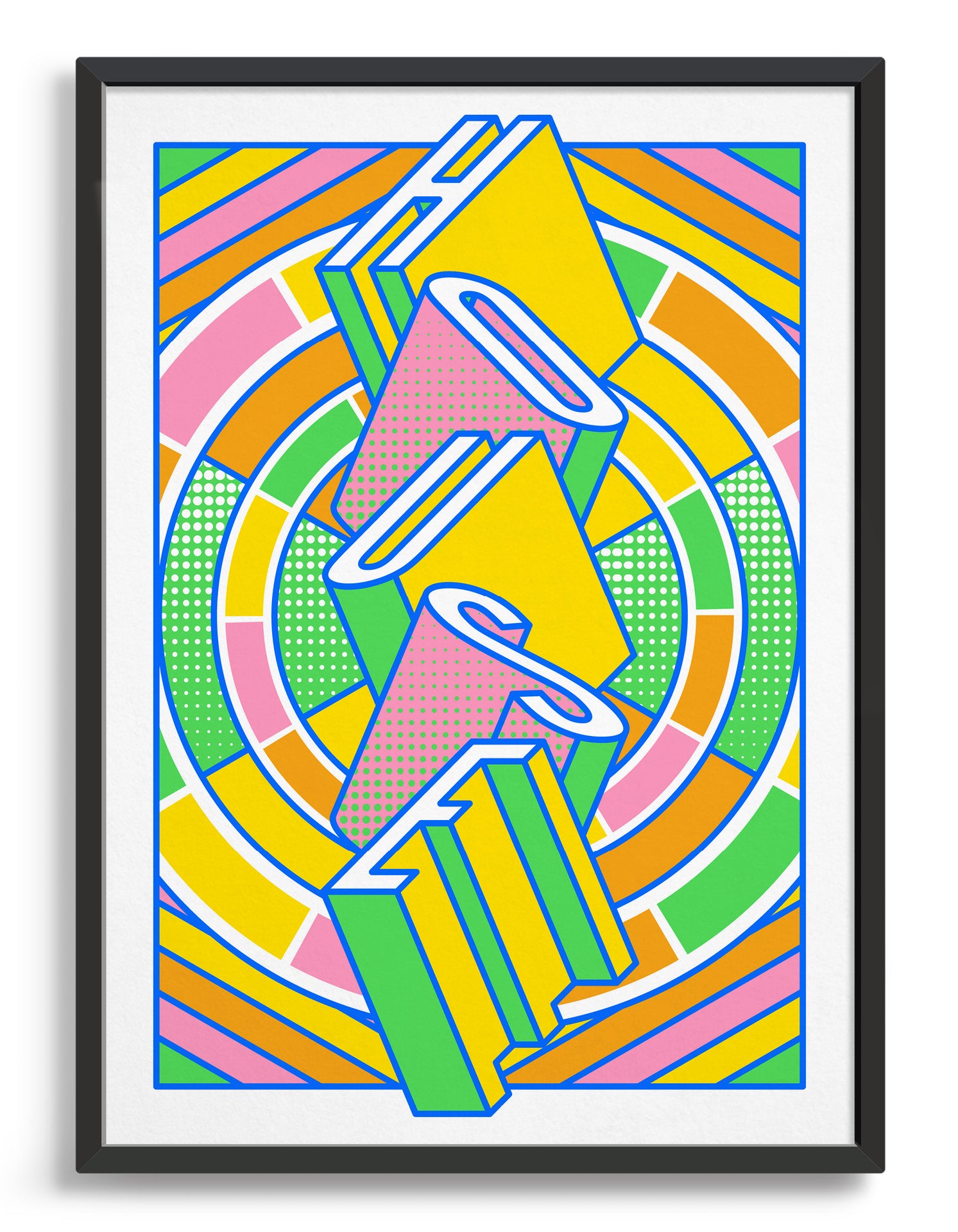 house music art print featuring a geometric abstract pattern in bold shapes and vibrant rainbow colours. Block typography depicts the word House in tumbling text