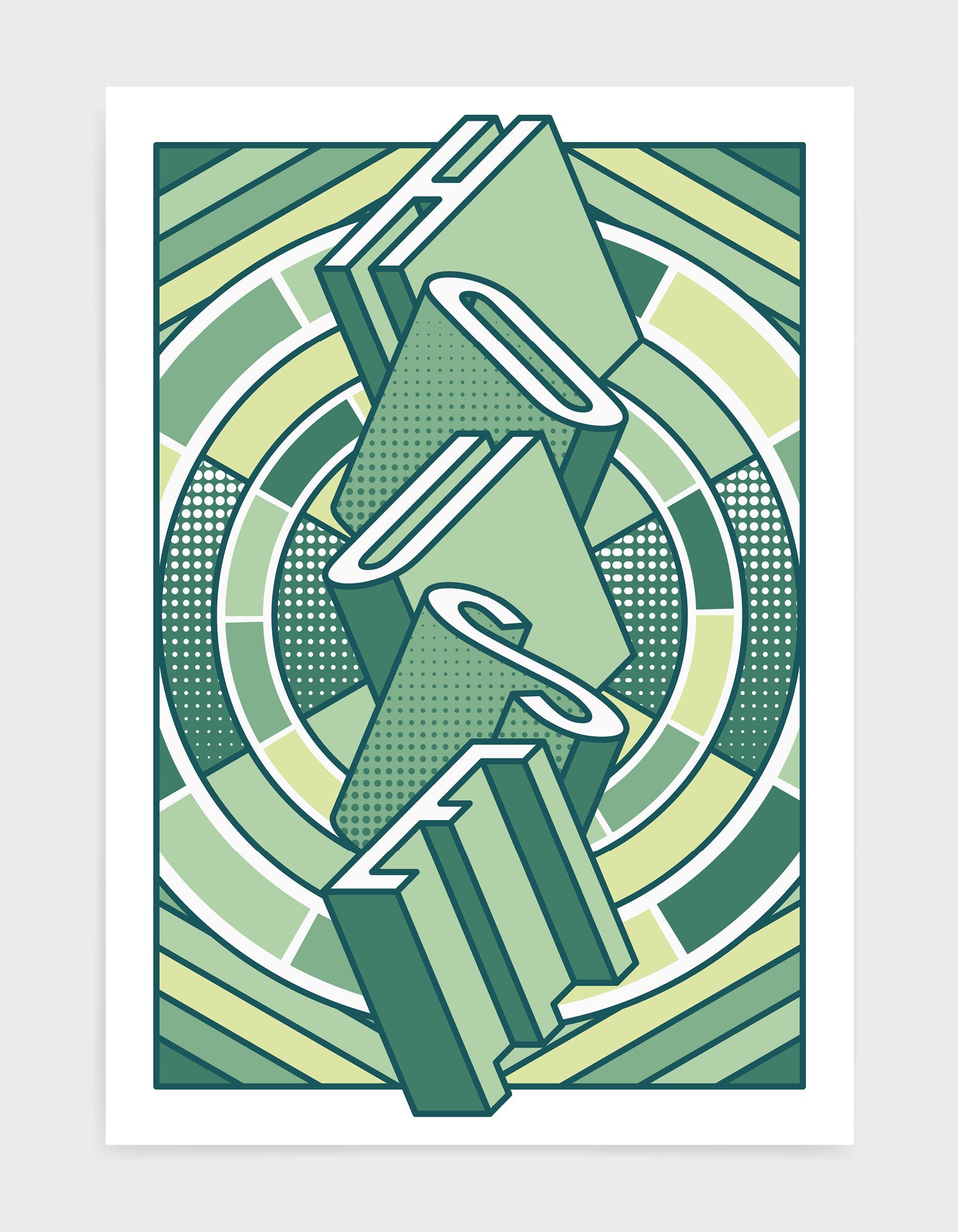 house music art print featuring a geometric abstract pattern in bold shapes and green tone colours. Block typography depicts the word House in tumbling text