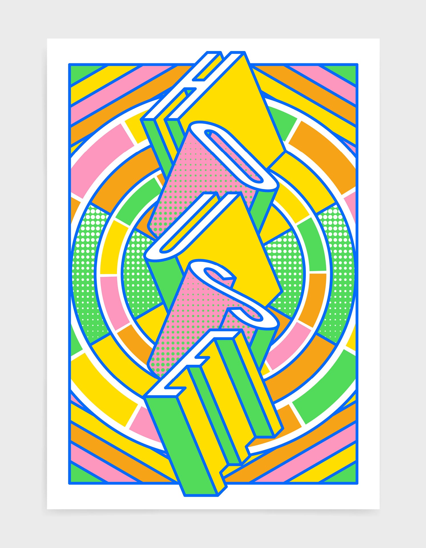 house music art print featuring a geometric abstract pattern in bold shapes and vibrant rainbow colours. Block typography depicts the word House in tumbling text